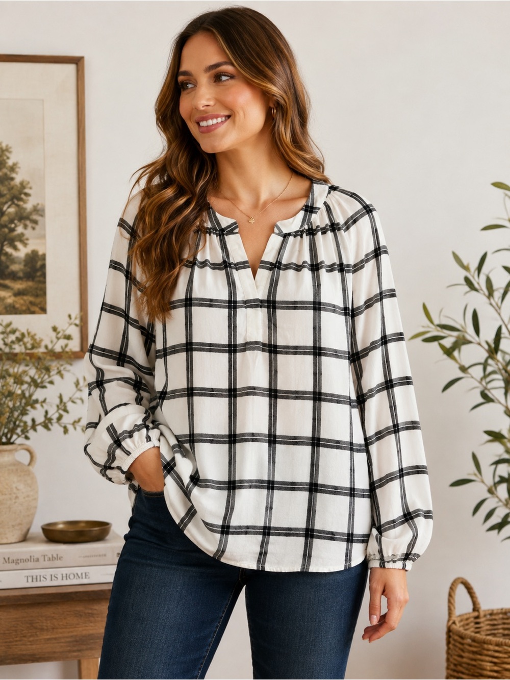 LOFT Outlet XL Black White Plaid Windowpane Long Sleeve Blouse Top